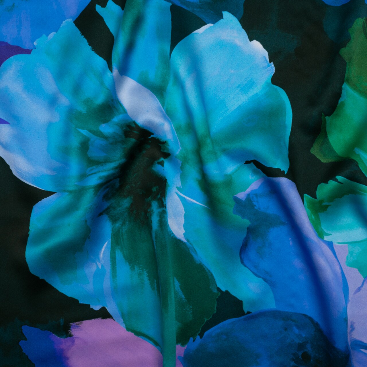 1 Yard Ocean Blue, Lavender and Dark Green Painterly Floral Silk Charmeuse Fabric 53 inch Width